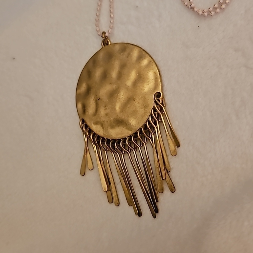 Vintage Hammered Shield Fringe Pendant Chain Festival Necklace - Picture 4 of 5